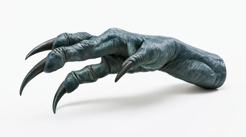 Dark teal-grey monster claw hand with long sharp curved nails isolated on white background