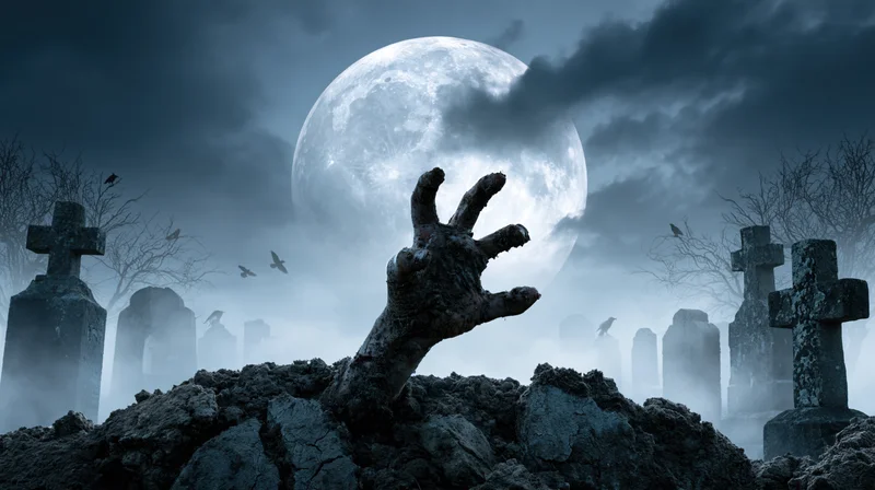 Decayed hand clawing from grave in foggy cemetery under full moon