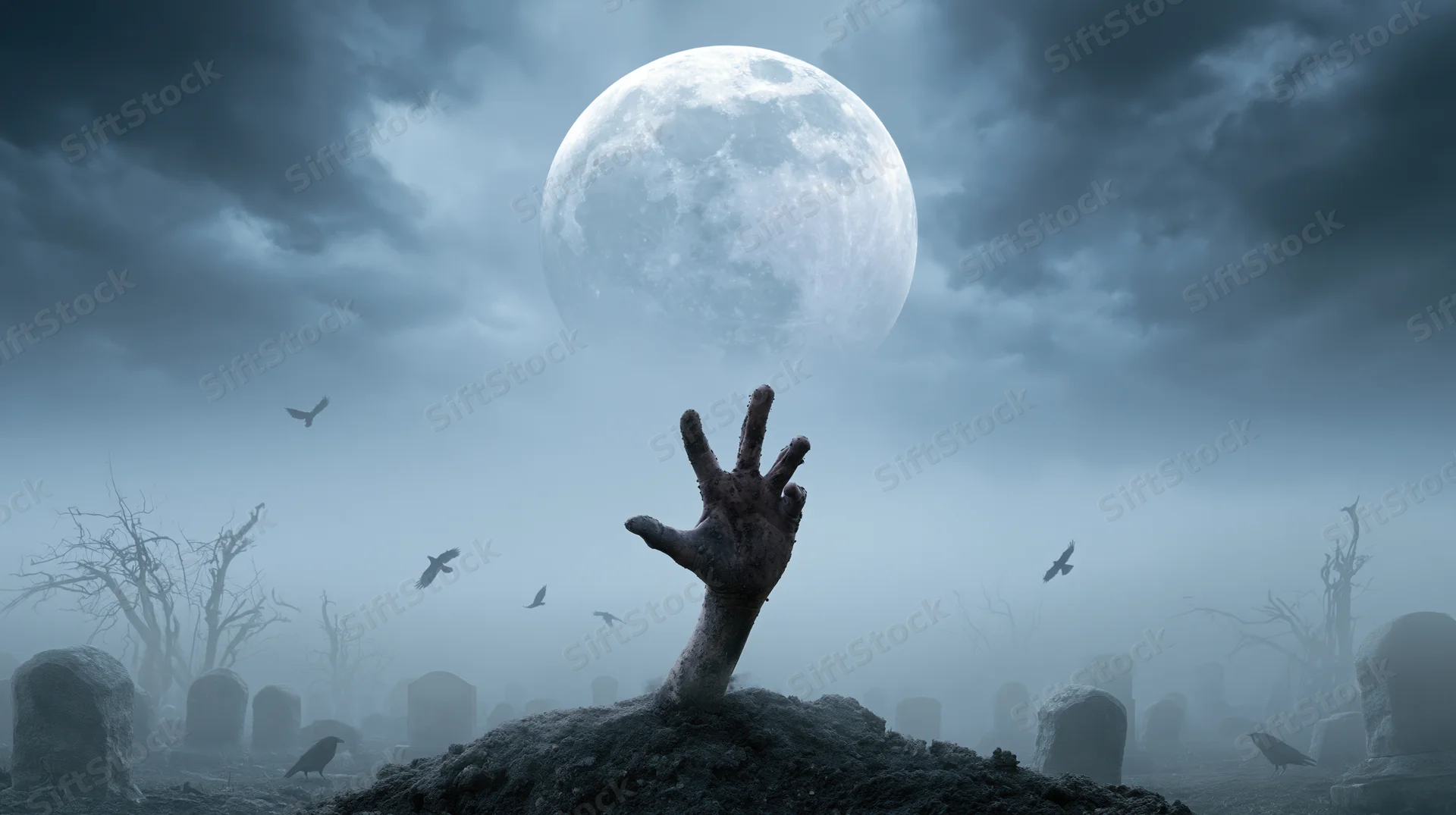 Decayed hand rising from grave mound in foggy graveyard under full moon