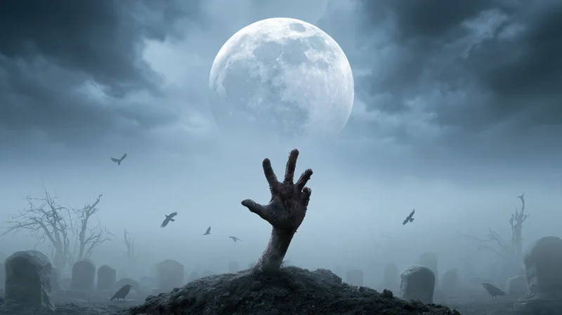 Decayed hand rising from grave mound in foggy graveyard under full moon