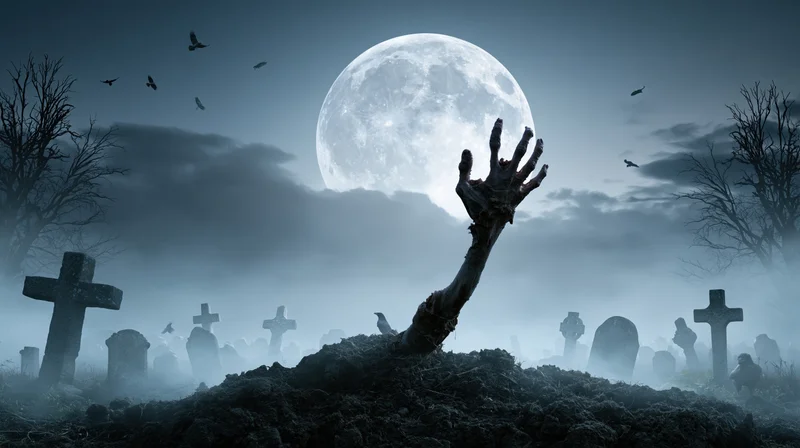 Zombie hand emerging from grave in foggy cemetery under full moon