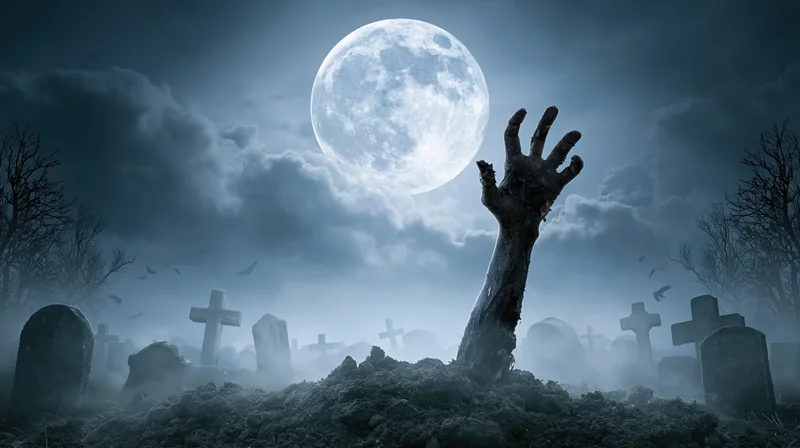 Zombie hand emerging from grave in foggy cemetery under full moon