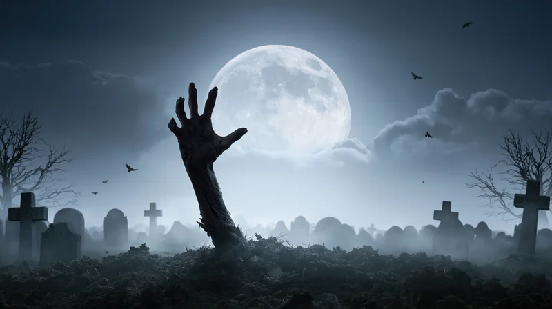 Decomposed hand and arm emerging from soil in a foggy graveyard under a full moon