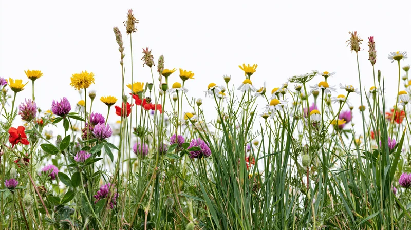 Dense strip of mixed wildflowers and meadow grasses against white background