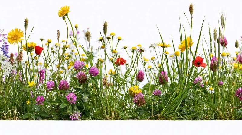 Dense border strip of mixed wildflowers and meadow grasses on white background