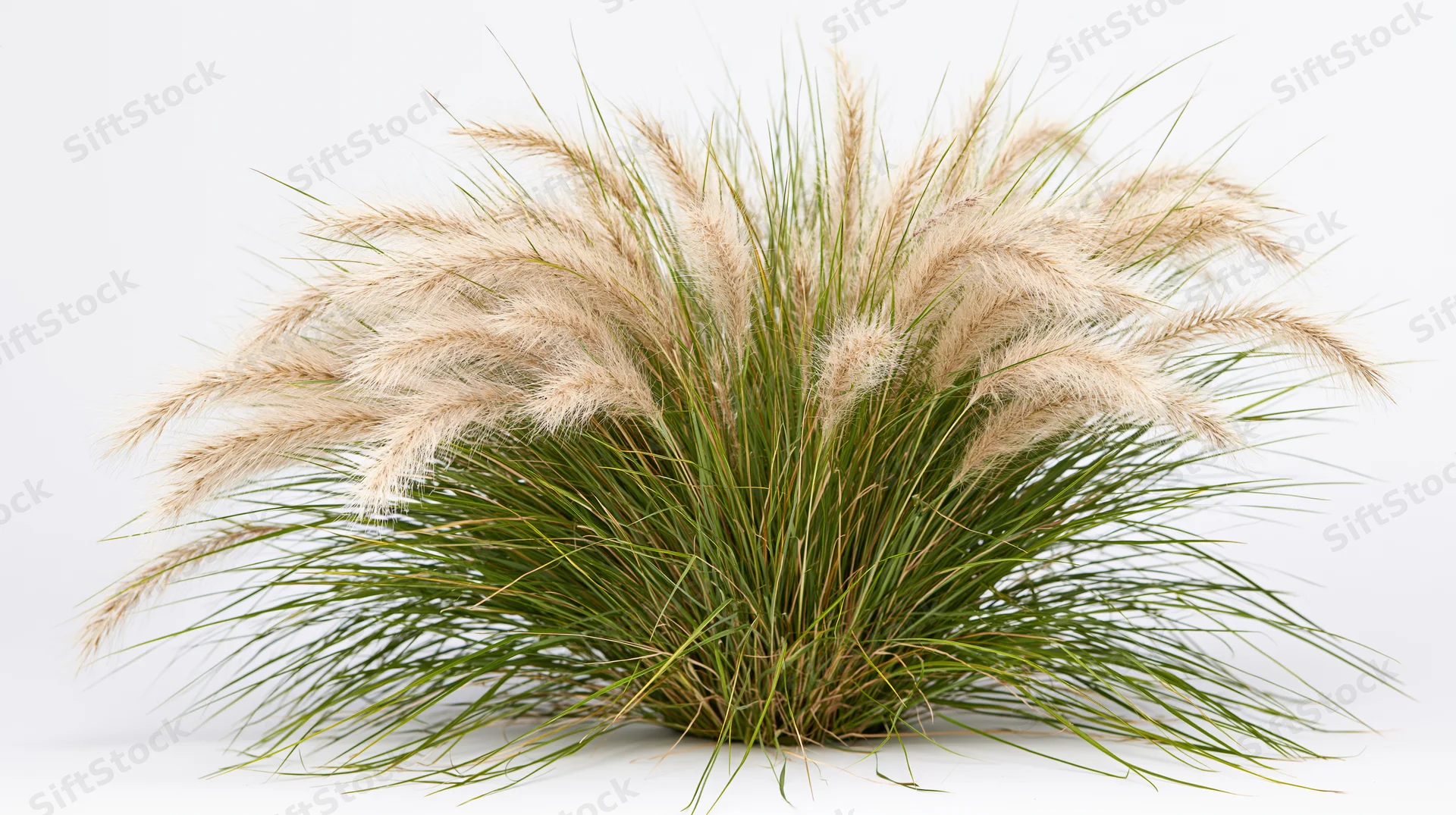 Dense clump of ornamental fountain grass with feathery beige plumes on white background