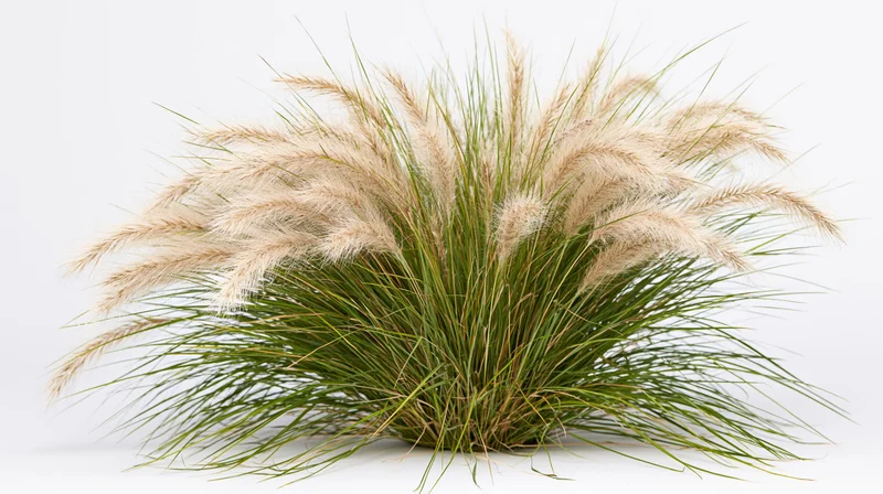 Dense clump of ornamental fountain grass with feathery beige plumes on white background