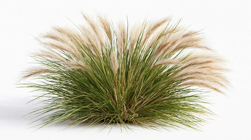 Dense clump of ornamental fountain grass with feathery pale seedheads on white background