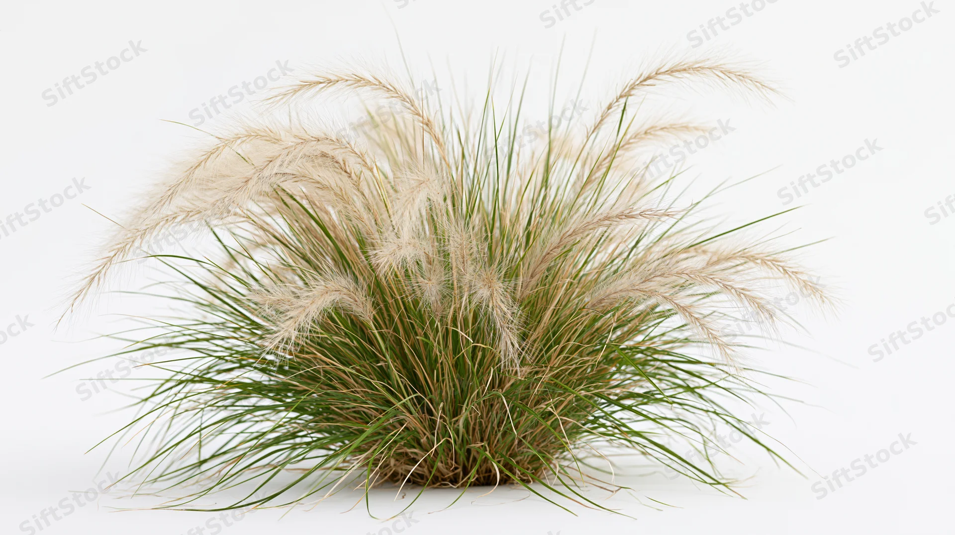 Dense clump of ornamental fountain grass with feathery pale seedheads on white background