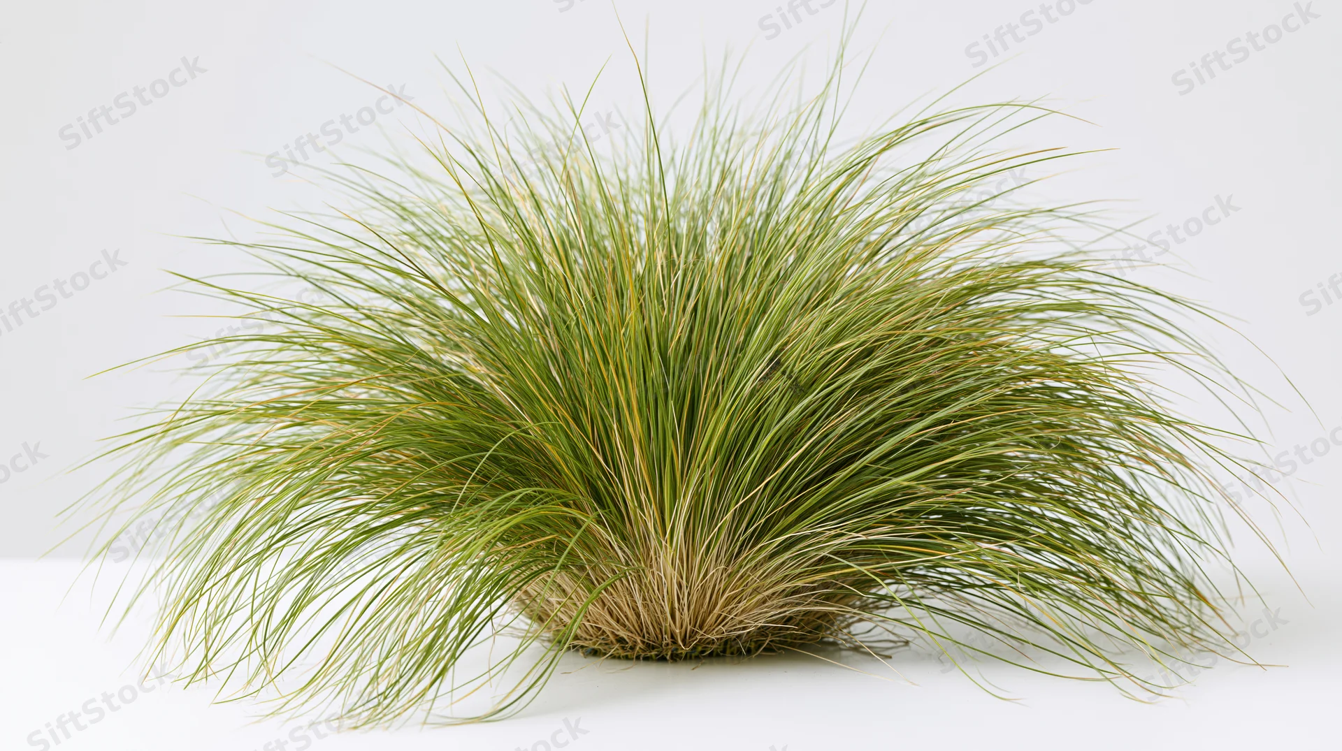 Dense clump of ornamental grass with long arching blades on white background