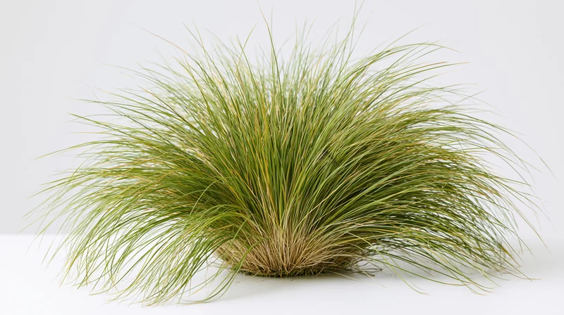 Dense clump of ornamental grass with long arching blades on white background