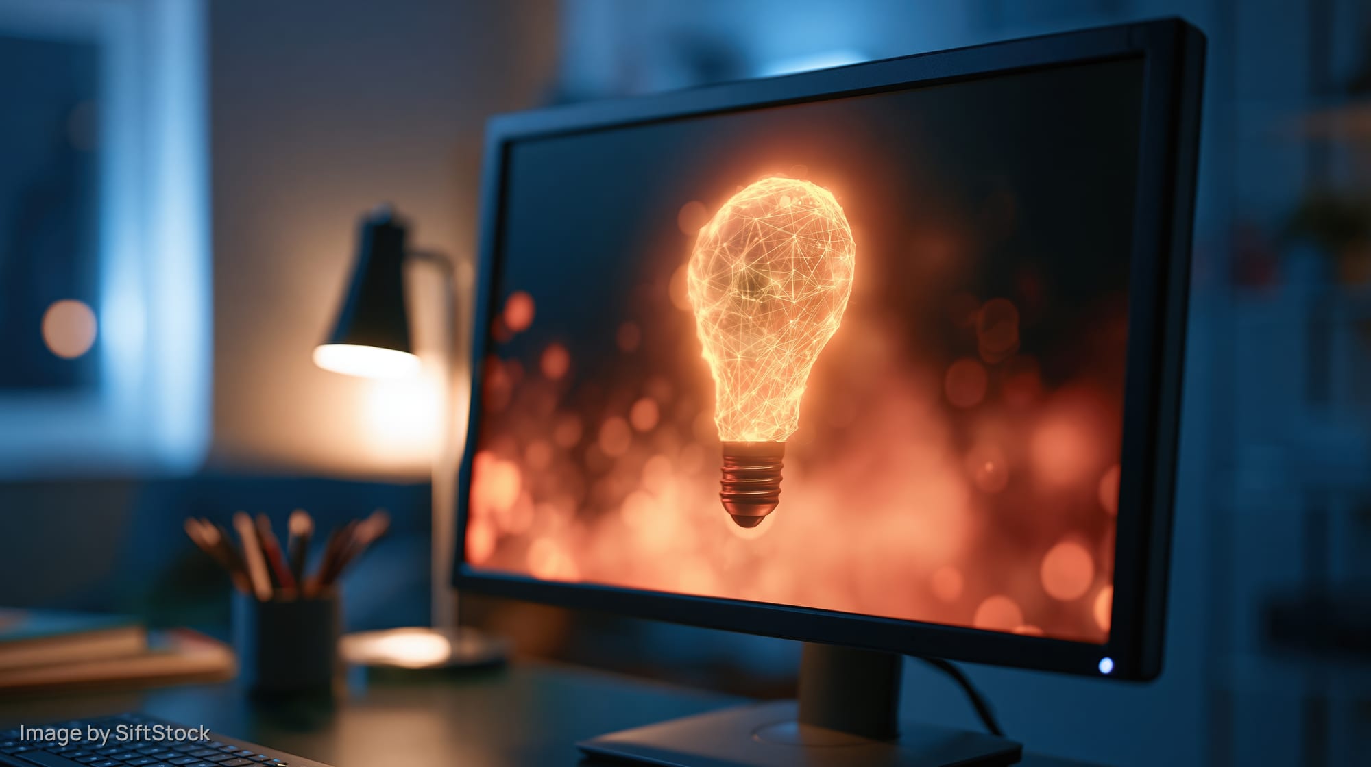 Computer monitor displaying a glowing wireframe lightbulb on a dark office desk with desk lamp and stationery