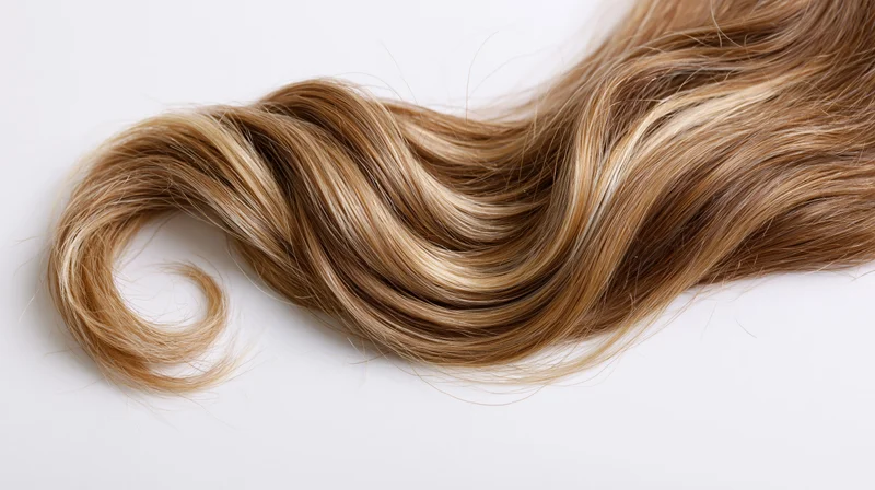 Wavy light brown hair strand lying flat on white background