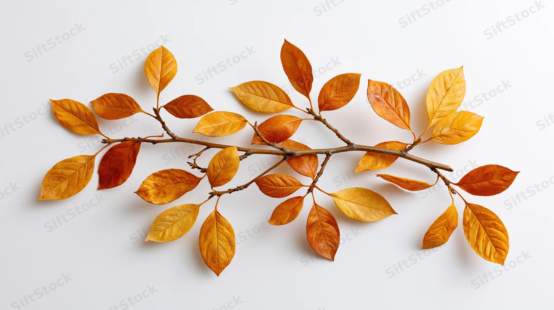 Dried autumn branch with orange and yellow leaves arranged flat on white surface