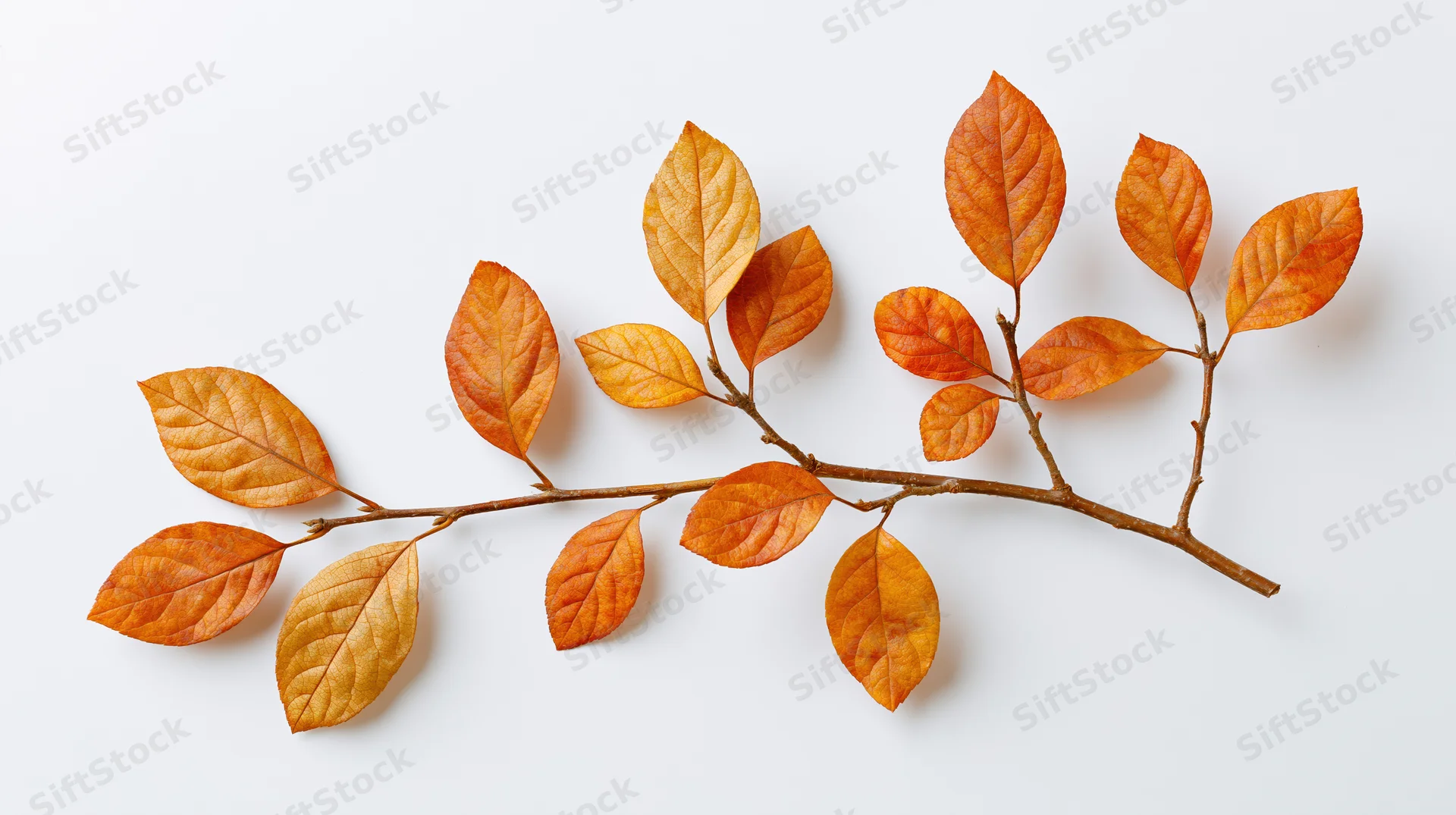 Dried autumn branch with orange leaves on white background