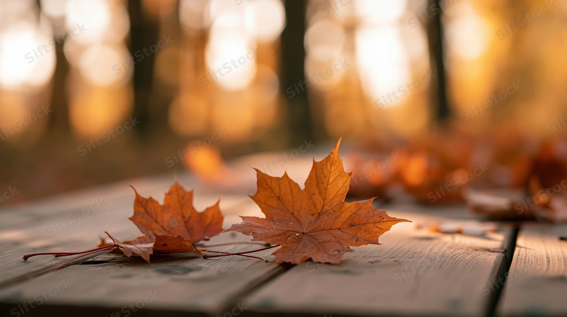 Maple leaves resting on a weathered wooden table in a sunlit forest during autumn