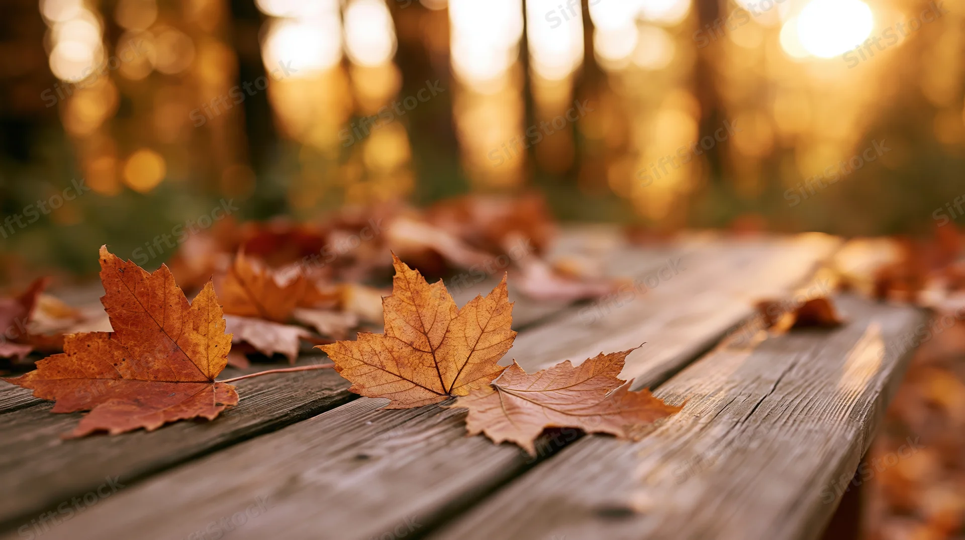 Fallen maple leaves on a weathered wooden table in a sunlit forest during autumn