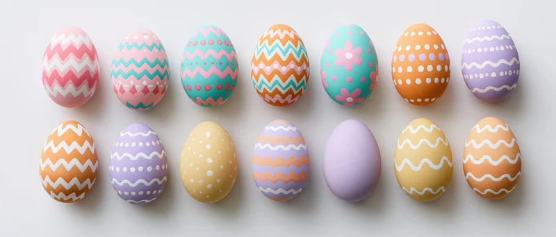 Two rows of hand-painted easter eggs arranged in a grid on a white surface