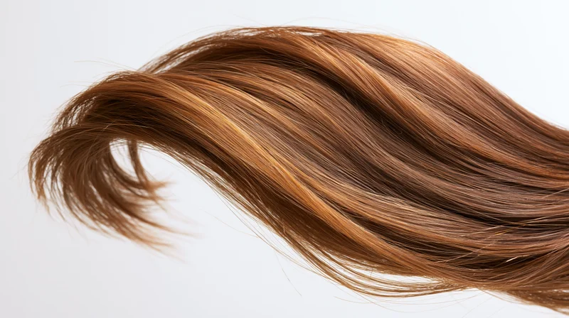 Flowing lock of long chestnut-brown hair against white background