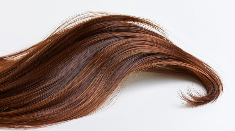 Flowing lock of long chestnut-brown hair against white background