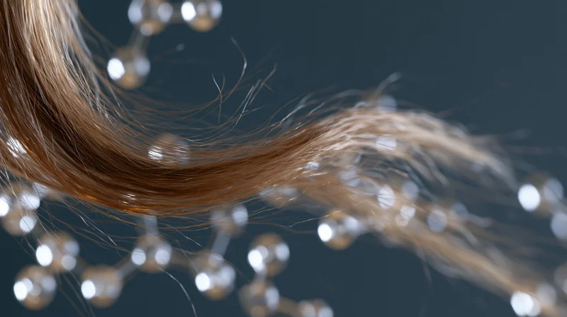 Flowing light brown hair strand in curved arc with molecular structures in background