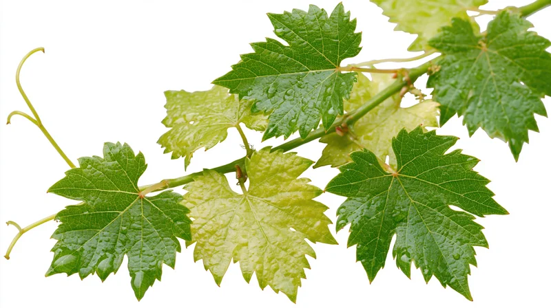 Grapevine cutting with lobed green leaves and tendrils isolated on white background