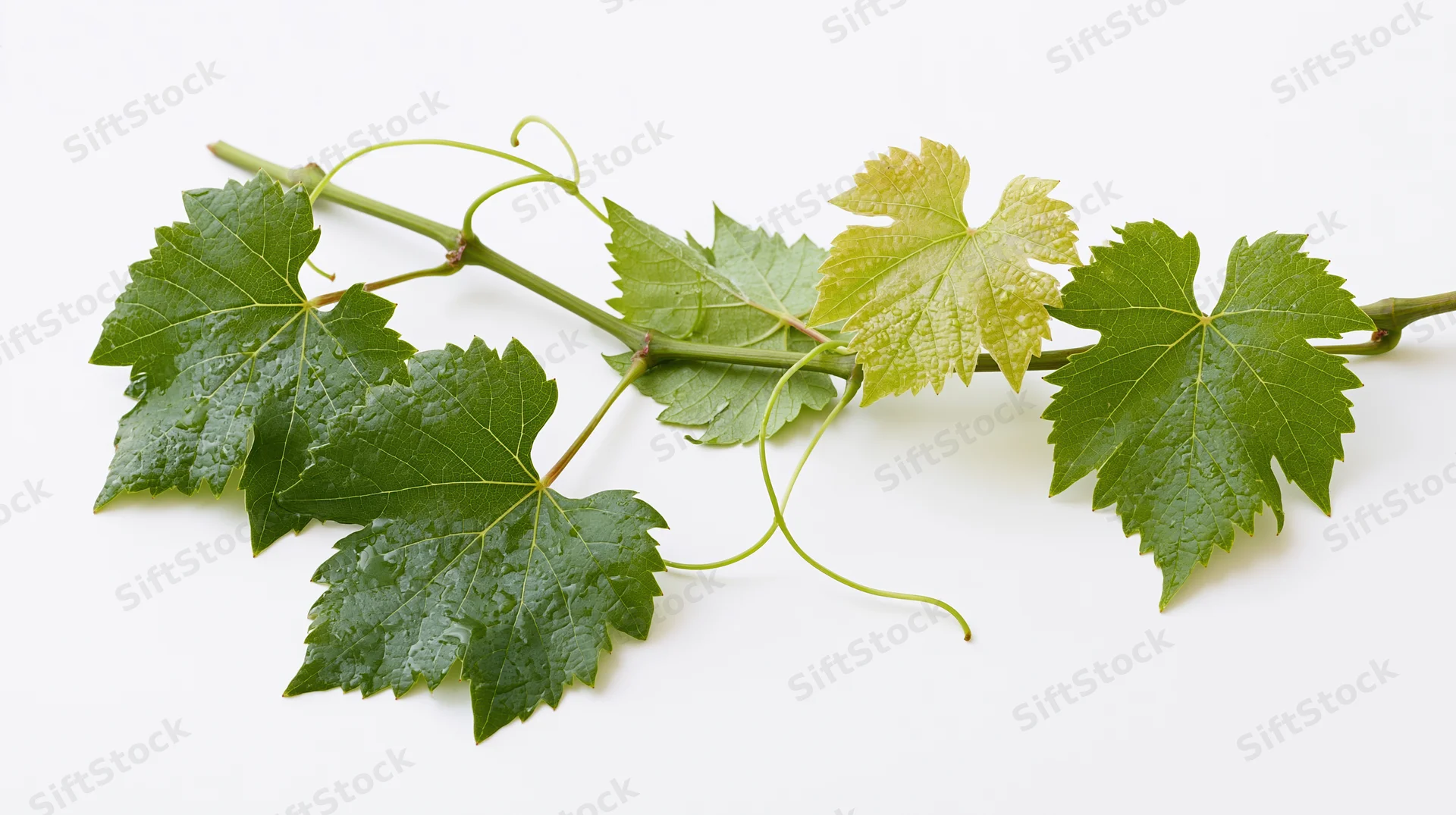 Grapevine cutting with lobed green leaves and tendrils on white background