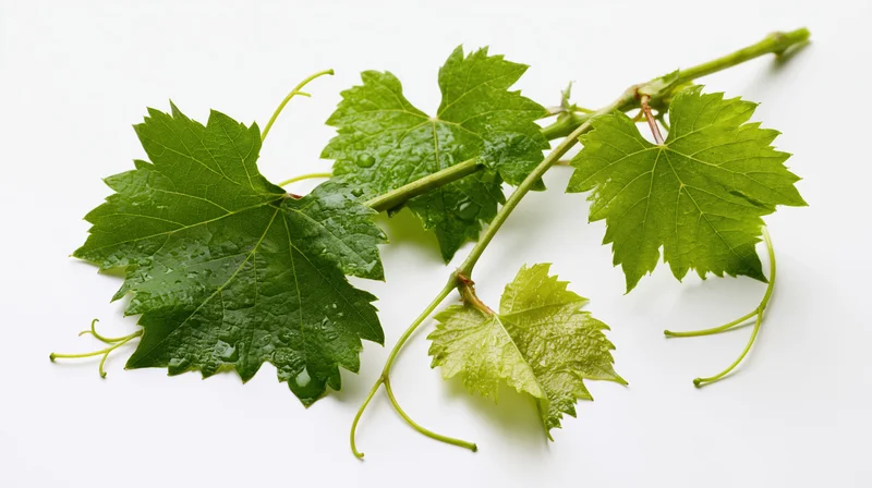 Grapevine cutting with lobed green leaves and tendrils on white background