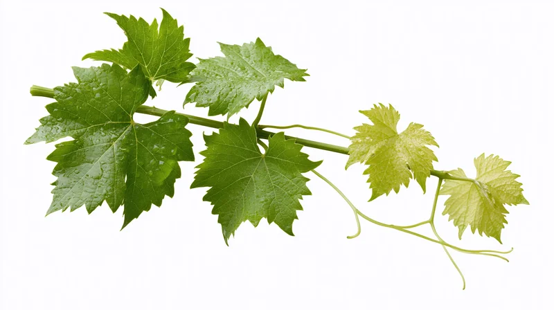 Grapevine cutting with lobed green leaves and tendrils isolated on white background