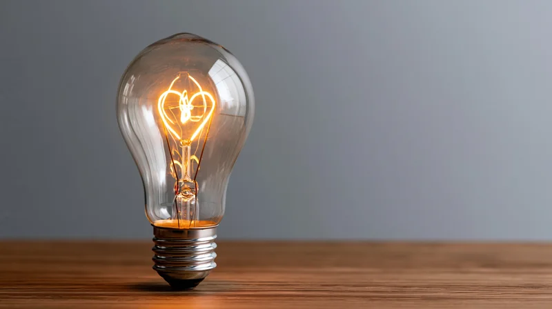 Illuminated edison-style lightbulb on wooden table with warm glow