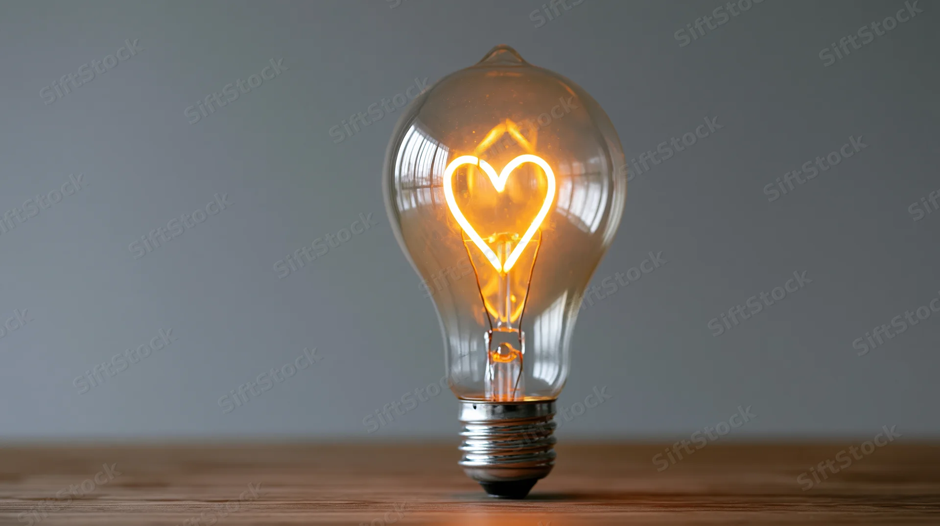 Glowing edison-style lightbulb with heart-shaped filament on wooden table