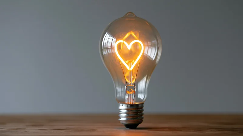Glowing edison-style lightbulb with heart-shaped filament on wooden table