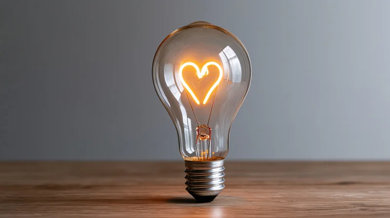 Glowing heart-shaped filament lightbulb on wooden table