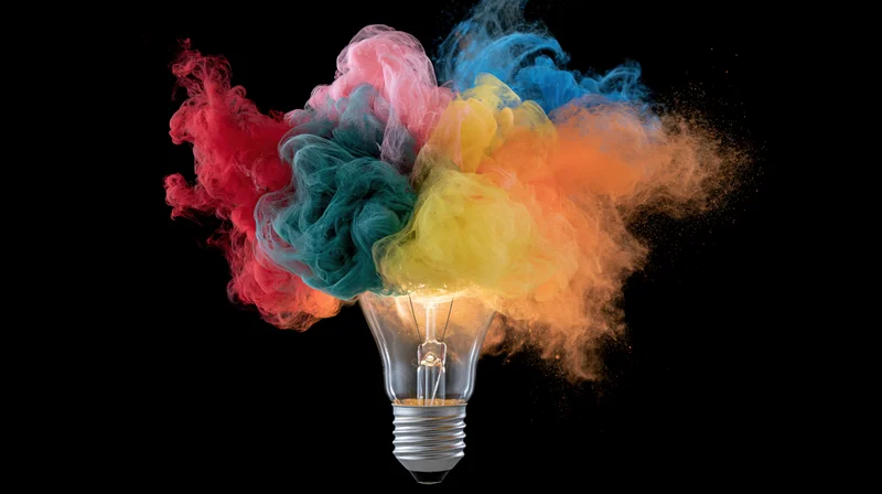 Lightbulb emitting colorful smoke against black background