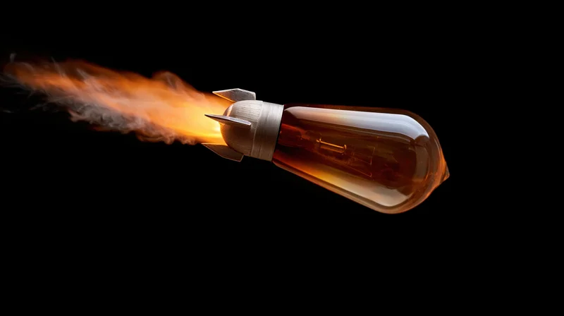 Lightbulb rocket launching with flame and smoke against black background