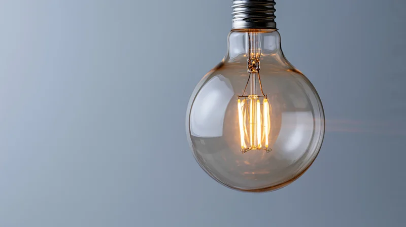 Glowing incandescent lightbulb with visible tungsten filament suspended against a plain gray background