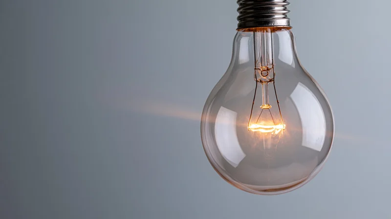 Glowing incandescent lightbulb hanging against a plain gray background with visible tungsten filament and warm light emission