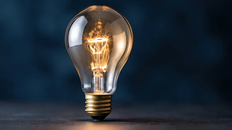Glowing incandescent lightbulb on dark surface with warm filament light
