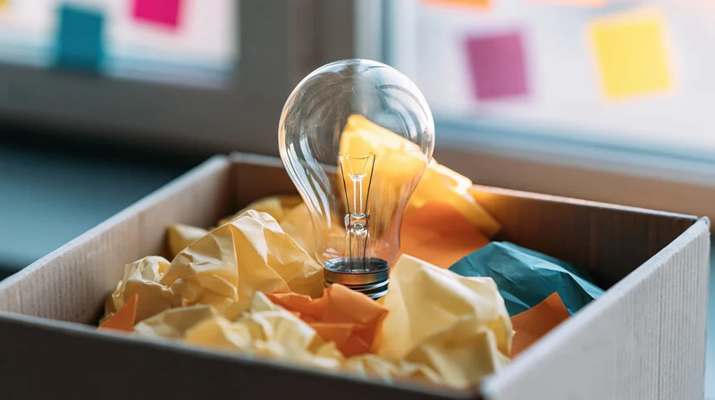 Lightbulb sitting upright in a box filled with crumpled paper, surrounded by sticky notes on a window in an office workspace