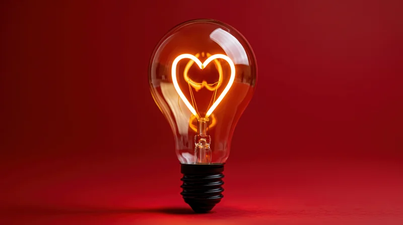 Glowing heart-shaped filament inside a glass incandescent lightbulb on red background