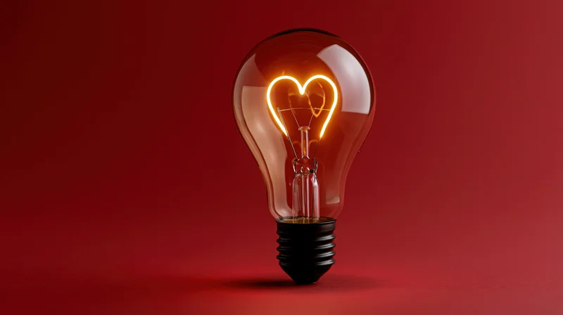 Glowing heart-shaped filament inside a glass lightbulb on red background