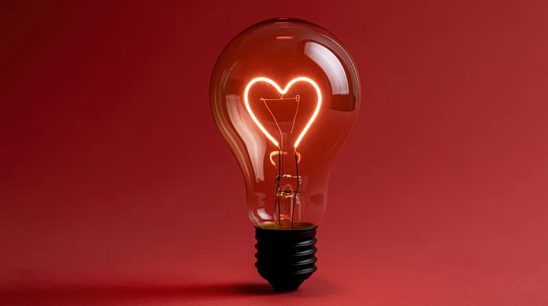 Glowing heart-shaped filament inside a glass lightbulb on red background