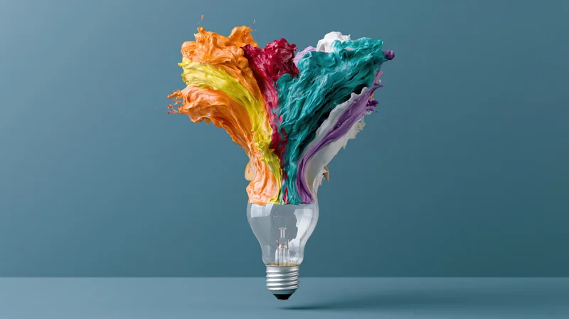 Lightbulb with swirling paint explosion against blue background