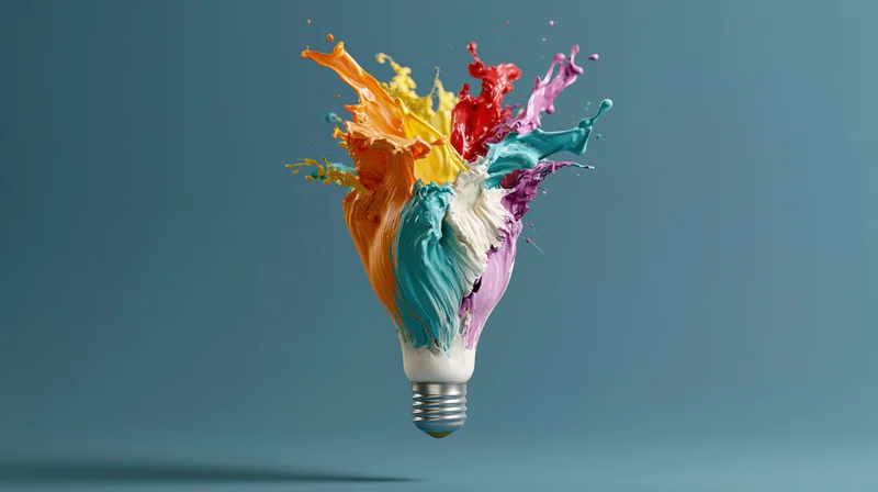 Lightbulb with colorful paint explosion against blue background
