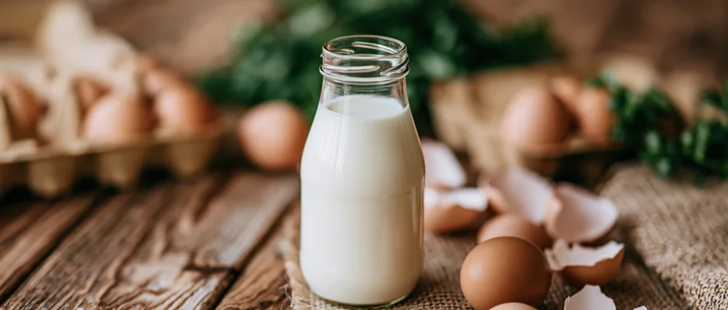 Glass milk bottle filled with fresh white milk centered on wooden table surrounded by brown eggs and shells