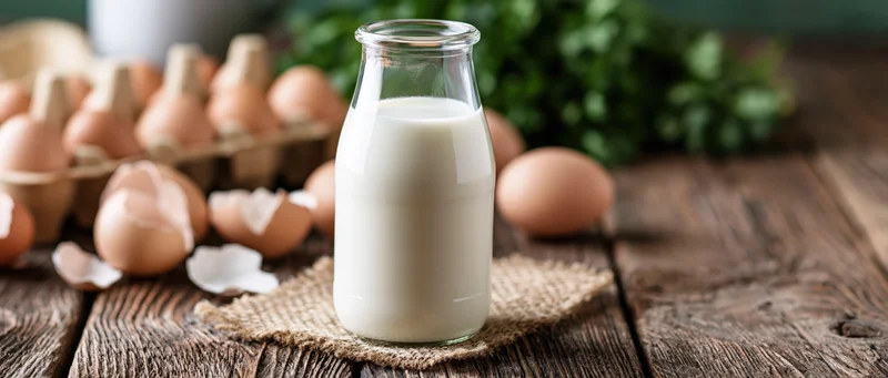 Glass milk bottle filled with fresh white milk on wooden table surrounded by eggs and burlap cloth