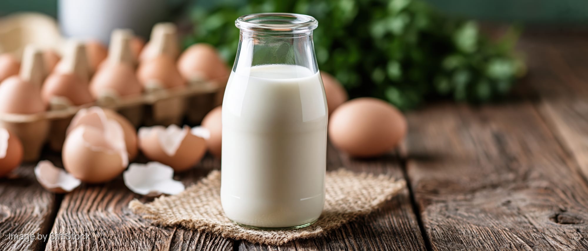 Glass milk bottle filled with fresh white milk on wooden table surrounded by eggs and burlap cloth