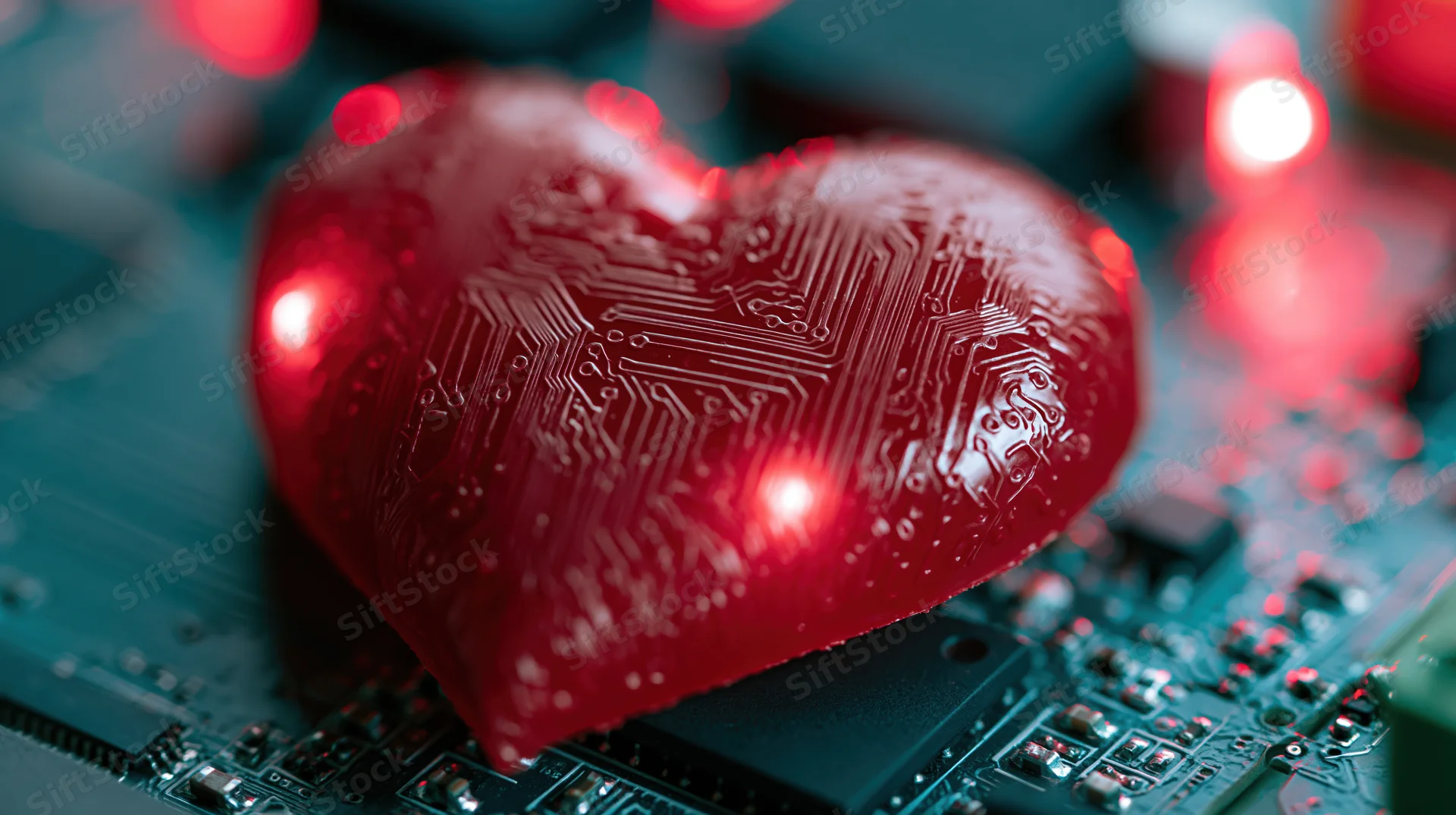 Glossy red heart with circuit traces resting on a computer motherboard