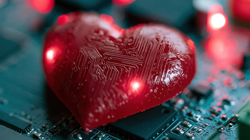 Glossy red heart with circuit traces resting on a computer motherboard