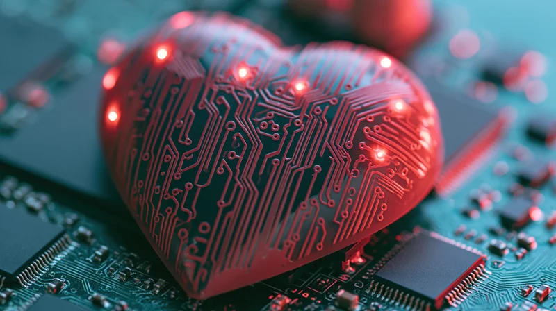 Heart-shaped circuit board object glowing red on electronic motherboard surface